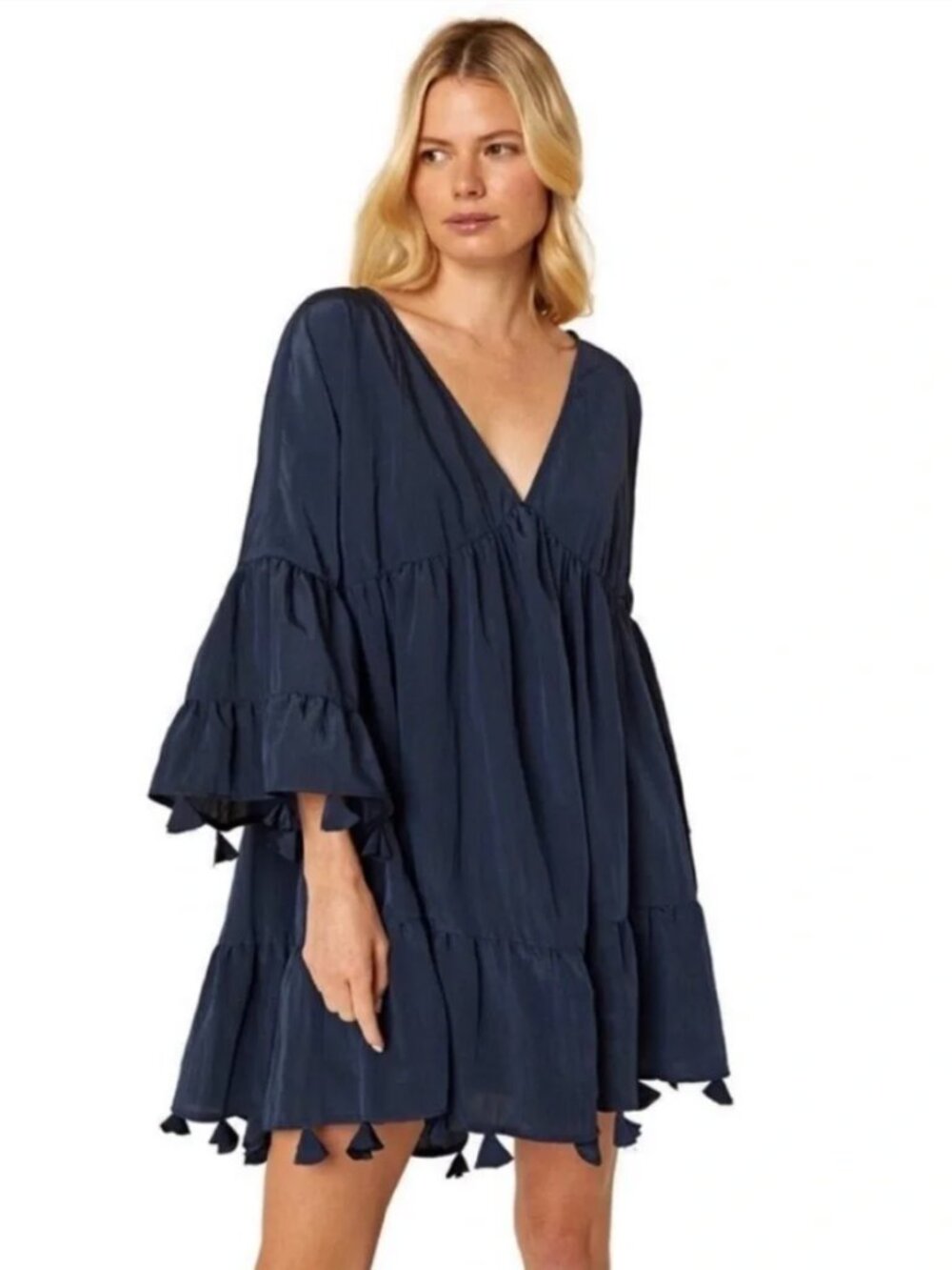 Misa Los Angeles Women's Mahtab Crinkled Bell-Sleeve Tassel Mini Dress Size XS